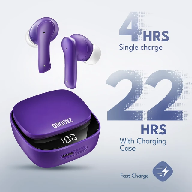 Alt view image 2 of 7 - True Wireless Earbuds with Charging Case - Designed and Engineered in The USA - IPx4 Water Resistant Bluetooth Earbuds Compatible with Apple & Android - 27Hr Battery Life - Deep Purple