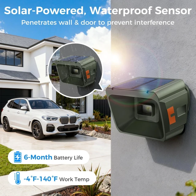Alt view image 5 of 7 - Solar Driveway Alarm - Radar + IR Dual Detection for Outdoor 1/2 mile range wireless driveway alarm, weatherproof, 3 sensitivity levels driveway sensor alert for home house gate property