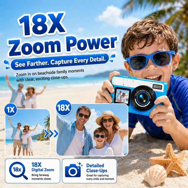 Alt view image 5 of 7 - 10FT Underwater Camera, 4K 48MP Waterproof Cam for Teens & Beginners D70 Floatable Compact Digital Camera for Snorkeling Pool Swimming with 16GB SD Card,1200mAh Battery