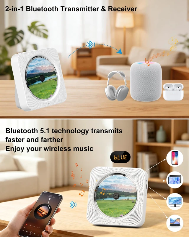 Alt view image 4 of 7 - CD Player with Speakers Bluetooth Desktop CD Players for Home Kpop Music CD Player with LED Screen FM Radio Remote Control Timer Support AUX USB TF Card Playback