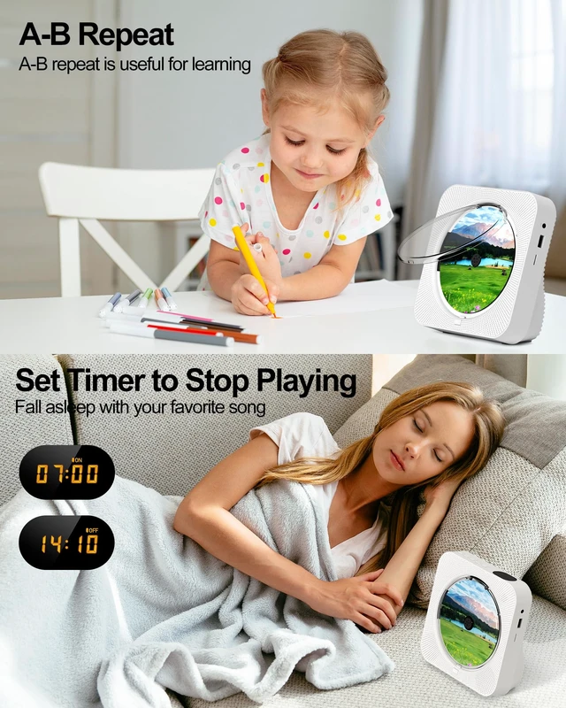 Alt view image 6 of 7 - CD Player with Speakers Bluetooth Desktop CD Players for Home Kpop Music CD Player with LED Screen FM Radio Remote Control Timer Support AUX USB TF Card Playback