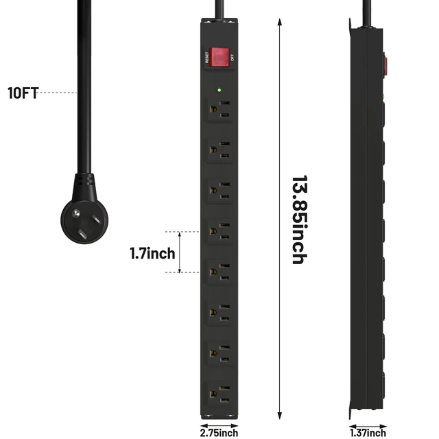 Alt view image 6 of 7 - 8 Outlet Heavy Duty Power Strip Surge Protector, 2100J Surge Protection Power Strip, 15A/1875W Mountable Power Strips with Upgraded Switch, 14AWG 10FT Power Cord