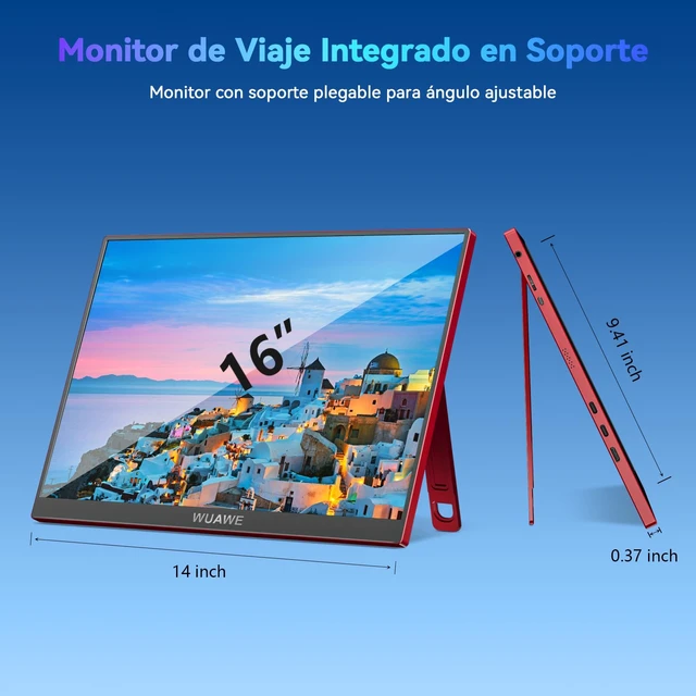 Alt view image 2 of 7 - 16 inch Portable Laptop Monitor, 100% sRGB Portable Gaming Monitor with Built-in Stand, HDR and Freensync, External USB C Monitor for Laptop, PC, Phone, Switch and PS5(Red)