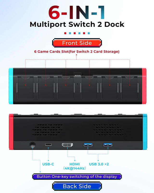 Alt view image 4 of 7 - Switch 2 Dock Station for Nintendo Switch 2 Dock with 4K HDMI&Card Storage 4K@144Hz HDMI +100W PD Charging Portable Travel Switch 2 Replacement Dock Station with 6 Game Card Storage,for Switch 2 Only