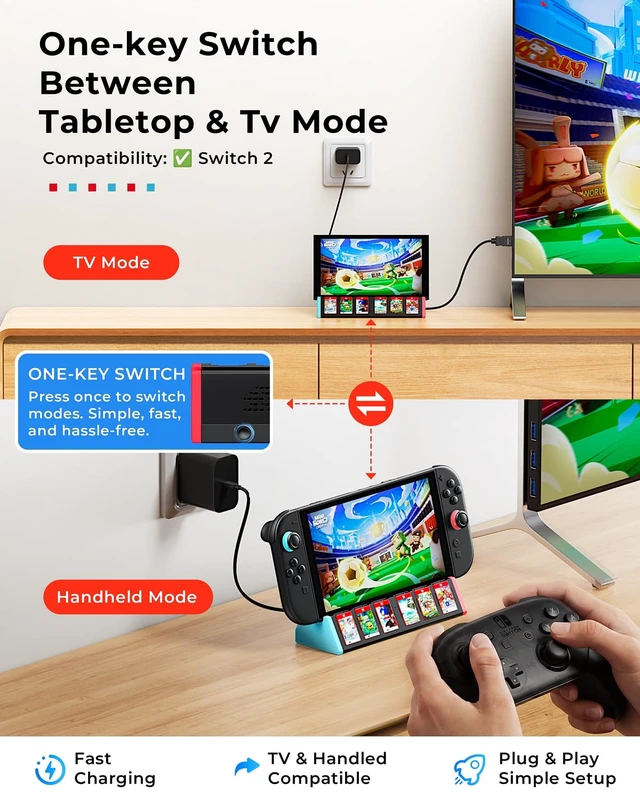 Alt view image 6 of 7 - Switch 2 Dock Station for Nintendo Switch 2 Dock with 4K HDMI&Card Storage 4K@144Hz HDMI +100W PD Charging Portable Travel Switch 2 Replacement Dock Station with 6 Game Card Storage,for Switch 2 Only