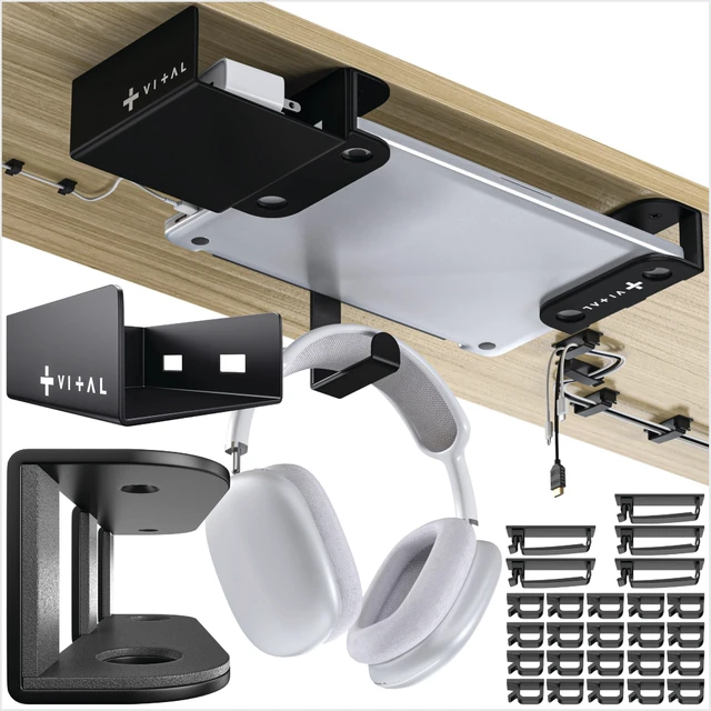 Main image of Under Desk Laptop Mount - Hidden Metal Shelf with Side Storage, Hook & Cable Organizer - Installs with Tape & Screws - Fits Devices up to 1.7" Thick - Deluxe