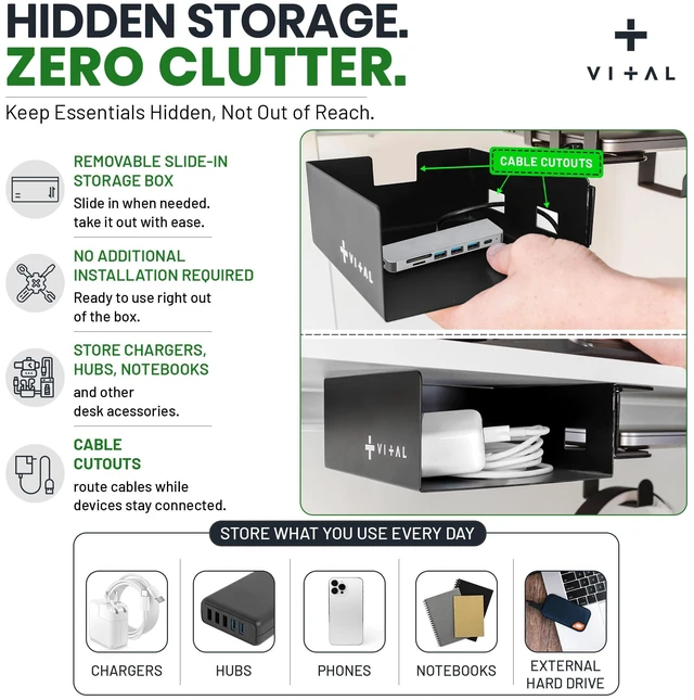 Alt view image 7 of 7 - Under Desk Laptop Mount - Hidden Metal Shelf with Side Storage, Hook & Cable Organizer - Installs with Tape & Screws - Fits Devices up to 1.7" Thick - Deluxe