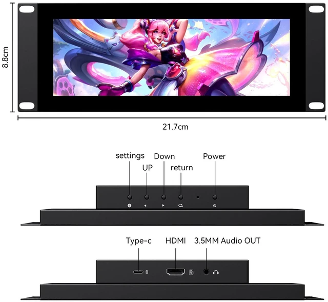 Alt view image 2 of 6 - 7.84 Inch 1280×400 Touch Screen Rackmount Monitor, 2U Rack Mount LCD Touch Display Builtin Speakers for DeskPi RackMate T0/T1/T2/T0 Plus/T1 Plus/TL1 Server Cabinet & 10Inch Server Rack