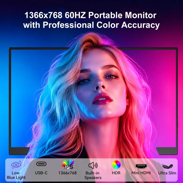 Alt view image 3 of 7 - 13.3" Portable Monitor with HDMI USB-C Plug and Play, Travel Screen 1366x768 HD 60Hz 16:9 Screen, 200 Nits Brightness, Ultra Slim 0.39" Travel External Display for Laptop PC