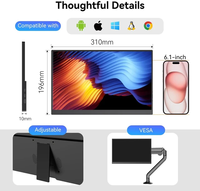 Alt view image 7 of 7 - 13.3" Portable Monitor with HDMI USB-C Plug and Play, Travel Screen 1366x768 HD 60Hz 16:9 Screen, 200 Nits Brightness, Ultra Slim 0.39" Travel External Display for Laptop PC