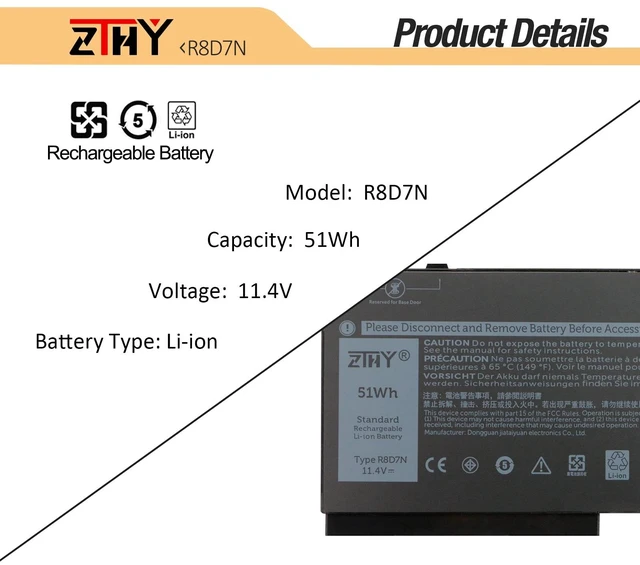 Alt view image 2 of 7 - 51Wh R8D7N 1V1XF Laptop Battery Replacement for Dell Precision 3540 3550 Inspiron 7590 7591 7791 2-in-1 Latitude 5400 5410 5500 5510 Series P80F P80F001 P84F H82T6 0C5GV2 0W8GMW 4GVMP 11.4V 3-Cell