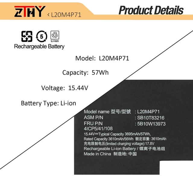 Alt view image 3 of 7 - L20M4P71 L20C4P71 Battery for Lenovo ThinkPad X1 Carbon Gen 9 Gen 10 Gen 11 ThinkPad X1 Yoga Gen6 Gen7 Gen8 /X1 Carbon 9th 10th 11th Gen /Yoga 6th 7th 8th Gen 2021 2022 Laptop L20D4P71 L20L4P71 57Wh