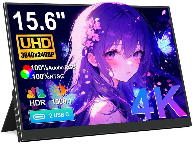 Main image of 4K Portable Monitor 15.6" UHD 3840x2400 16:10 IPS 450 Nits 139% sRGB HDR with 2 USB-C & Mini HDMI Ports, Built-in Stand Speakers,Aluminum Body, VESA Travel Monitor for Laptop Mac PC PS5 Xbox