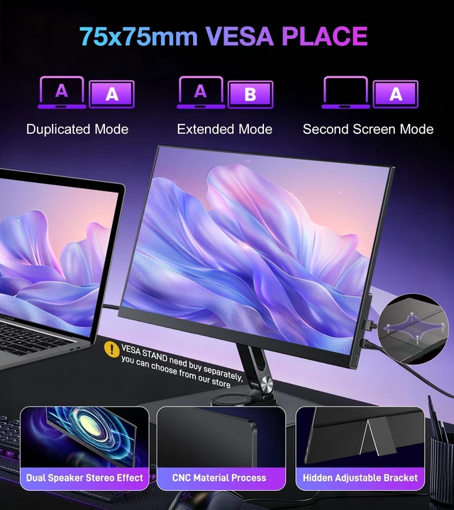 Alt view image 6 of 7 - 4K Portable Monitor 15.6" UHD 3840x2400 16:10 IPS 450 Nits 139% sRGB HDR with 2 USB-C & Mini HDMI Ports, Built-in Stand Speakers,Aluminum Body, VESA Travel Monitor for Laptop Mac PC PS5 Xbox
