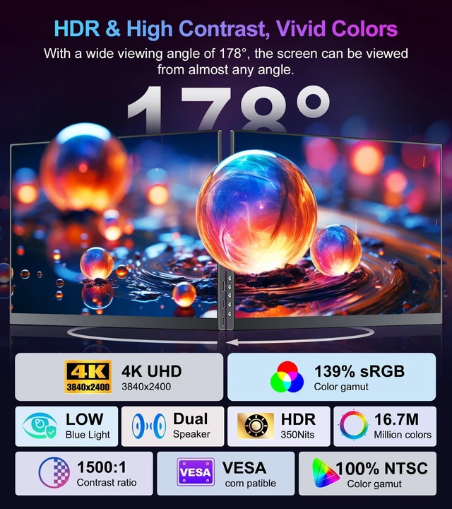 Alt view image 3 of 7 - 4K Portable Monitor 15.6" UHD 3840x2400 16:10 IPS 450 Nits 139% sRGB HDR with 2 USB-C & Mini HDMI Ports, Built-in Stand Speakers,Aluminum Body, VESA Travel Monitor for Laptop Mac PC PS5 Xbox
