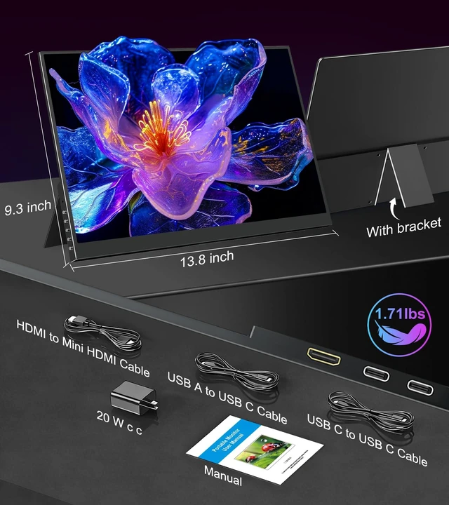 Alt view image 7 of 7 - 4K Portable Monitor 15.6" UHD 3840x2400 16:10 IPS 450 Nits 139% sRGB HDR with 2 USB-C & Mini HDMI Ports, Built-in Stand Speakers,Aluminum Body, VESA Travel Monitor for Laptop Mac PC PS5 Xbox