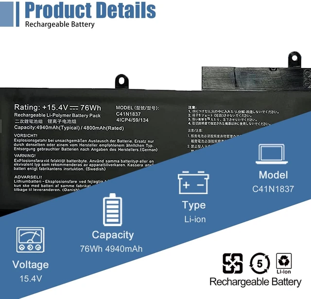 Alt view image 2 of 7 - C41N1837 Laptop Battery 15.4V 76Wh 4940mAh Replacement for Asus ROG Zephyrus GA502DU GA502GU GU502DU GU502GU GU502GV GU532GU GU532GV GX502GV GX502GW GX532GV GX532GW Series 0B200-03380100