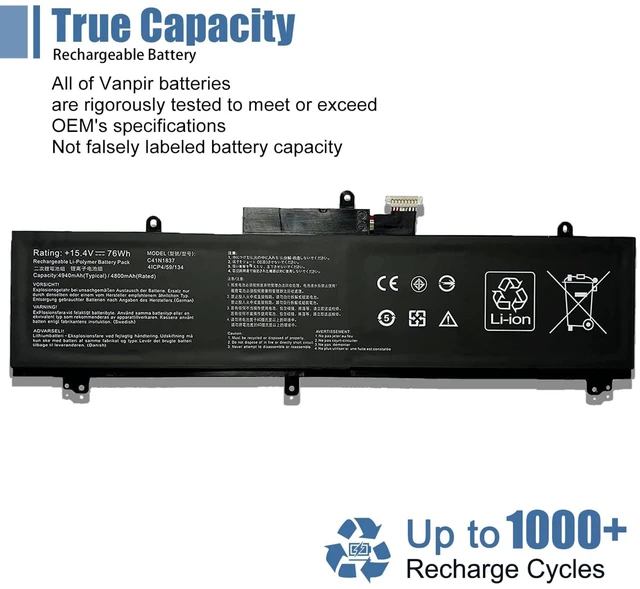 Alt view image 6 of 7 - C41N1837 Laptop Battery 15.4V 76Wh 4940mAh Replacement for Asus ROG Zephyrus GA502DU GA502GU GU502DU GU502GU GU502GV GU532GU GU532GV GX502GV GX502GW GX532GV GX532GW Series 0B200-03380100