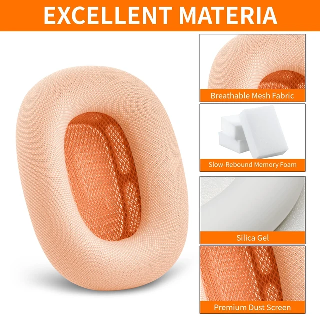 Alt view image 3 of 7 - Replacement Ear Cushions for Apple AirPods Max 1&2 Upgraded Memory Foam Pads with Durable Fabric,Sound Insulation and Noise Reduction,Strong Magnetic Fit,Sweat-Resistant,Breathable Comfor(Orange)