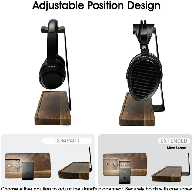Alt view image 3 of 7 - Walnut Headphone Stand, Wood Headset Stand for Desk with Storage Wooden Gaming Headphone Holder for AirPods Max, Bose, Sennheiser, Razer, Jabra, JBL, AKG, Vintage Gift for Mfen