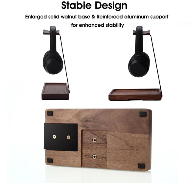 Alt view image 5 of 7 - Walnut Headphone Stand, Wood Headset Stand for Desk with Storage Wooden Gaming Headphone Holder for AirPods Max, Bose, Sennheiser, Razer, Jabra, JBL, AKG, Vintage Gift for Mfen