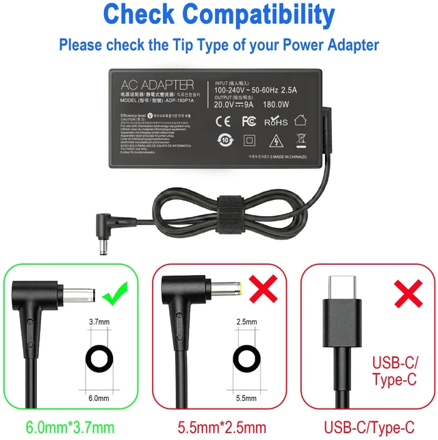 Alt view image 3 of 7 - 180W 20V 9A Gaming Laptop Charger ADP-180TB-H A20-180P1A Compatible with ASUS ROG Zephyrus G14 G15 M16 GU603 TUF Gaming A15 A17 F15 F17 GA401 GA502 FA506 FA706 FX506 FX706 6.0x3.7mm Center Pin