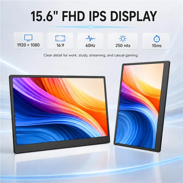 Alt view image 2 of 7 - Portable Monitor 15.6 Inch FHD 1080P, Laptop Screen Extender USB-C with Mini HDMI IPS Travel External Monitor Ultra-Slim 0.63kg for Laptop PC Mac Phone Switch PS5 Xbox