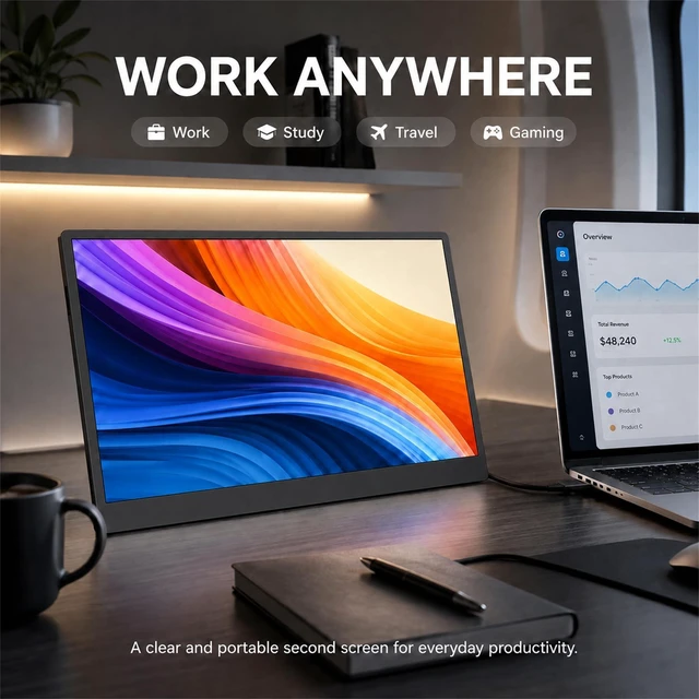 Alt view image 3 of 7 - Portable Monitor 15.6 Inch FHD 1080P, Laptop Screen Extender USB-C with Mini HDMI IPS Travel External Monitor Ultra-Slim 0.63kg for Laptop PC Mac Phone Switch PS5 Xbox