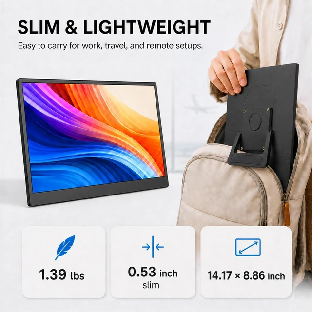 Alt view image 7 of 7 - Portable Monitor 15.6 Inch FHD 1080P, Laptop Screen Extender USB-C with Mini HDMI IPS Travel External Monitor Ultra-Slim 0.63kg for Laptop PC Mac Phone Switch PS5 Xbox