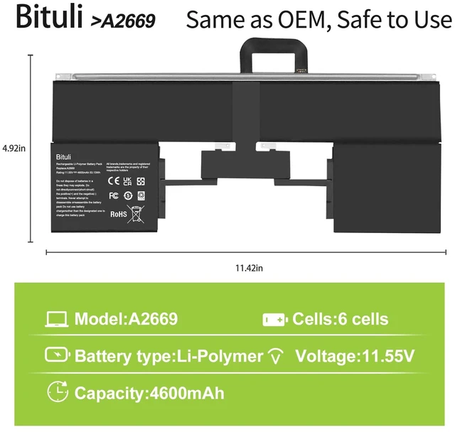 Alt view image 2 of 6 - A2669 A2681 Laptop Battery Replacement for MacBook AIR 13" M2 2022 A2681 661-26150 MLY33LL/A MLY43LL/A Series Notebook 11.55V 53.13Wh