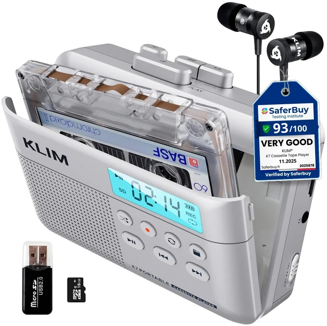 Main image of K7 Cassette Player, Converts Tapes to MP3, Built-in Microphone, 16GB Card Doubles as an Audio Recorder with Onboard Speaker, Rechargeable Battery and Included Earphones - Silver