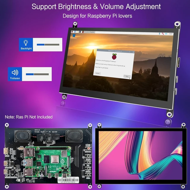 Alt view image 4 of 7 - 7 Inch Raspberry Pi Screen Touchscreen Monitor 1024x600 Small HDMI Monitor w/Dual Speakers IPS Screen Display for Raspberry Pi 5/4/3 Win 11/10/8/7 Jetson Nano, Free Driver