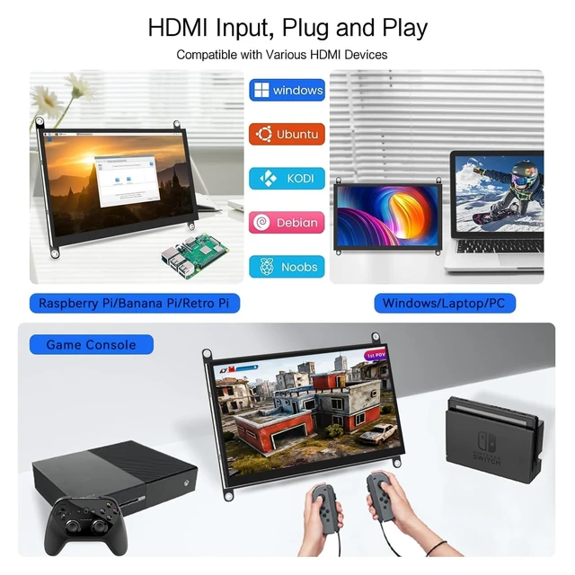 Alt view image 5 of 7 - 7 Inch Raspberry Pi Screen Touchscreen Monitor 1024x600 Small HDMI Monitor w/Dual Speakers IPS Screen Display for Raspberry Pi 5/4/3 Win 11/10/8/7 Jetson Nano, Free Driver