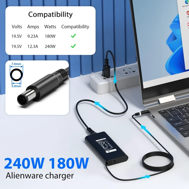 Alt view image 2 of 6 - 240W 180W 7.4mm Tip Laptop Charger Compatible with Dell Alienware 13 15 17 R1 R2 R3 R4 X51 M17 M15 M17X M18X,Dell Precision 17 7710 7730 7670 7780 7770 M6500 M6700 Adapter Power Cord