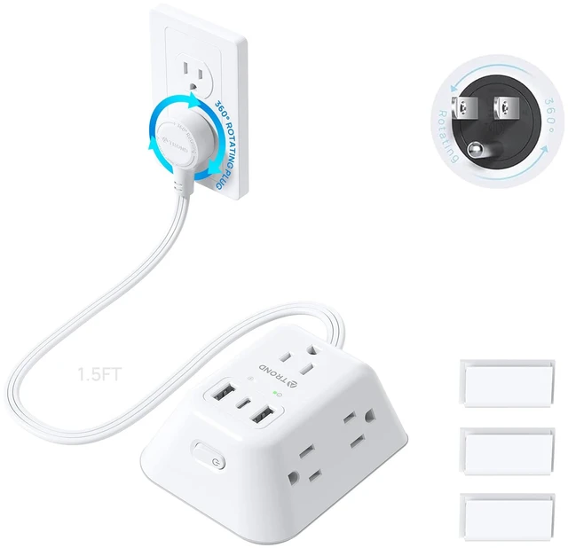 Main image of 360° Rotating Plug Power Strip, 1440J Surge Protector Outlet 1.5FT Short Extension Cord with 5 Outlets and 3 USB Ports, Wall Mount Power Strip for Indoor Home Office Dorm Room, White