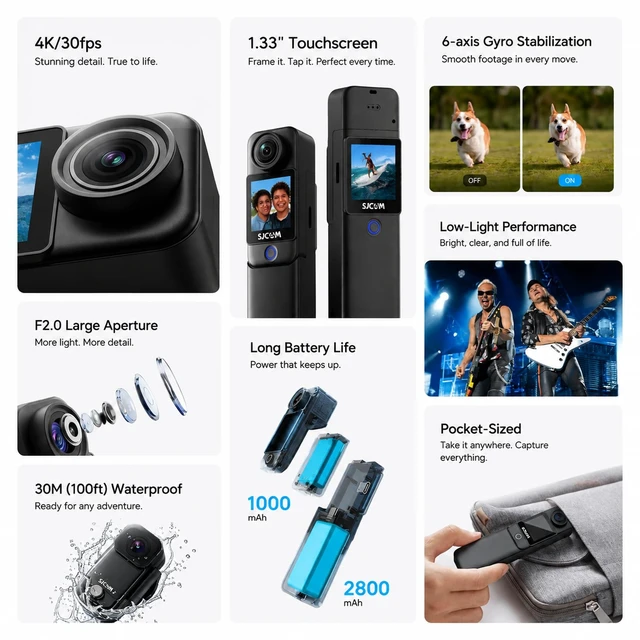 Alt view image 2 of 7 - C300,4K Travel Pocket Camera,64GB,7 Hour Long Recording,Wearable Body Cam,6-Axis Gyro Stabilizer POV Cam for Daily Vlogs,Dual Touch Screen,30M Waterproof,User-Friendly for Beginners