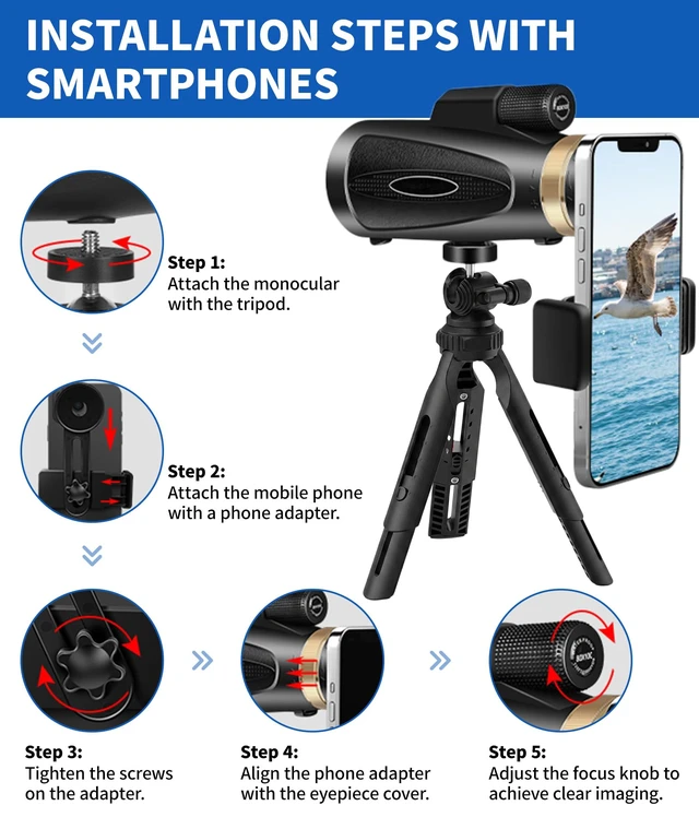Alt view image 4 of 7 - Monocular Telescope 80X100 HD High Power with Smartphone Adapter Tripod Larger Vision Monoculars for Adults with BAK4 Prism & FMC Lens Suitable for Bird Watching Hiking