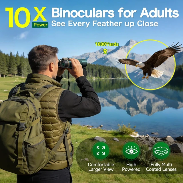 Alt view image 2 of 7 - 10x42 HD Binoculars for Adults, BAK4 Prism for Bird Watching & Cruise High-Powered Optics with 23mm Large Eyepiece, Low-Light Vision, Easy Focus, IPX7 Waterproof for Hunting, Travel