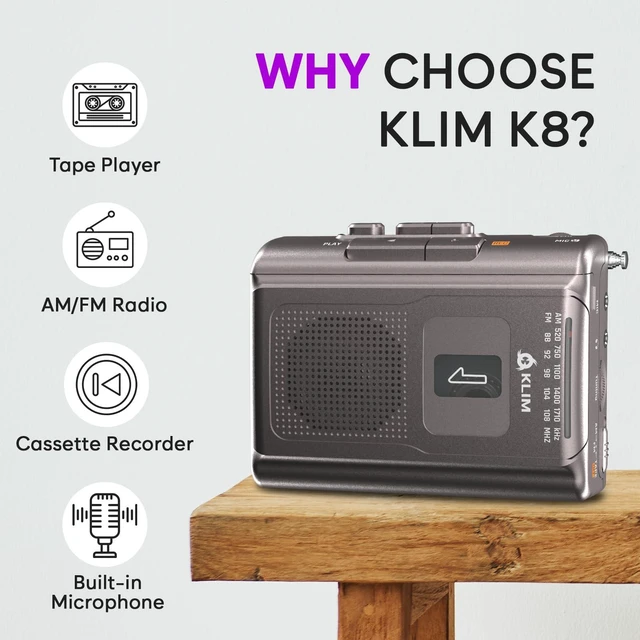Alt view image 2 of 7 - K8 Cassette Player, Portable Recorder with AM FM Radio and Built-in Speaker Includes a Headphone Jack, Earphones, Onboard Microphone for Easy, Comfortable Voice Recording - Ash