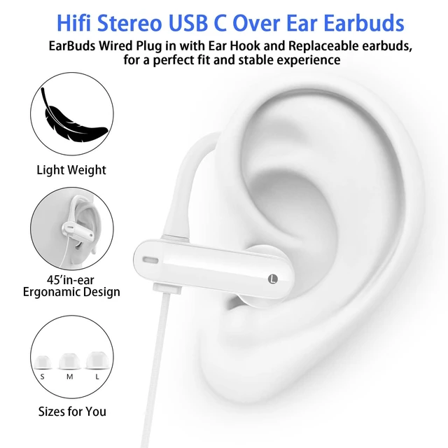 Alt view image 3 of 7 - USB C Earbuds Wired Over Ear Headphones for iPhone 18 Pro Max 17 16 for Samsung S26 S25 S24 Ultra A17 Type C Sport Headphones,Wired Earphone with Ear Hooks&Loop Microphone for iPad 11 Air,White