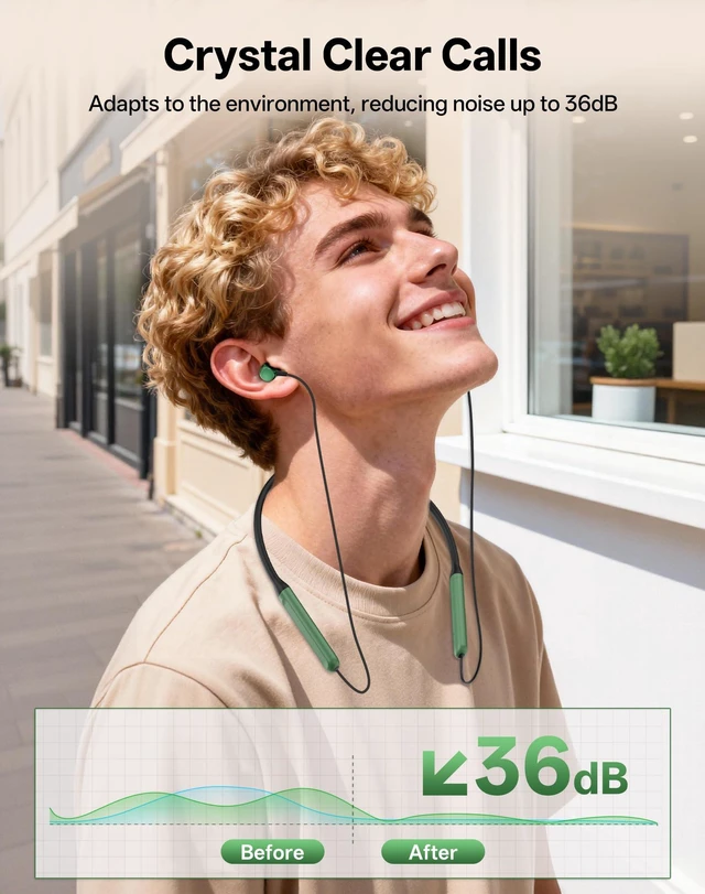 Alt view image 6 of 7 - Neckband Bluetooth Headphones, Wireless Bluetooth 6.0 Earbuds with Microphone, Comfortably Light, Deep Bass Earphones 35H Playtime, IPX5 Waterproof, Magnetic Headset for Workout (Olive Green)