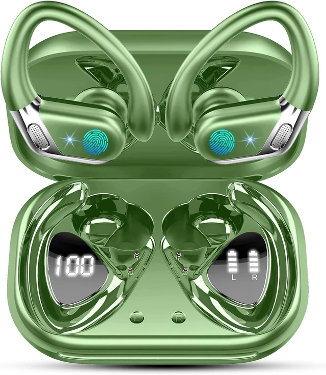 Main image of Wireless Earbuds, Bluetooth 5.4 Headphones Sport, 75H Deep Bass Sound Over Ear Buds with 4 ENC Noise Cancelling Mic, Dual LED Display, IP7 Waterproof Earphones with Earhook for Workout, Green