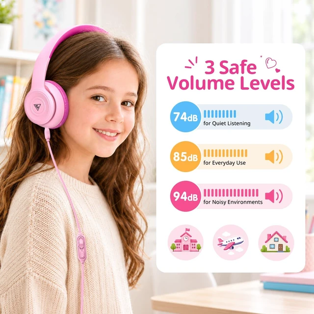 Alt view image 2 of 7 - Kids Headphones Wired for School, 74/85/94dB Volume Limited with Mic Headphones for Kids with Clear Stereo Audio, IN-Line Mic,Sharing Port, Foldable, Comfortable for Classroom Tablet Travel,Pink