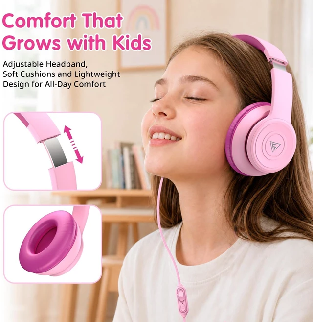 Alt view image 3 of 7 - Kids Headphones Wired for School, 74/85/94dB Volume Limited with Mic Headphones for Kids with Clear Stereo Audio, IN-Line Mic,Sharing Port, Foldable, Comfortable for Classroom Tablet Travel,Pink