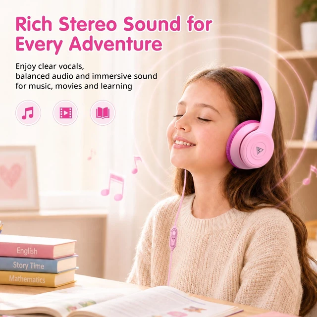 Alt view image 5 of 7 - Kids Headphones Wired for School, 74/85/94dB Volume Limited with Mic Headphones for Kids with Clear Stereo Audio, IN-Line Mic,Sharing Port, Foldable, Comfortable for Classroom Tablet Travel,Pink