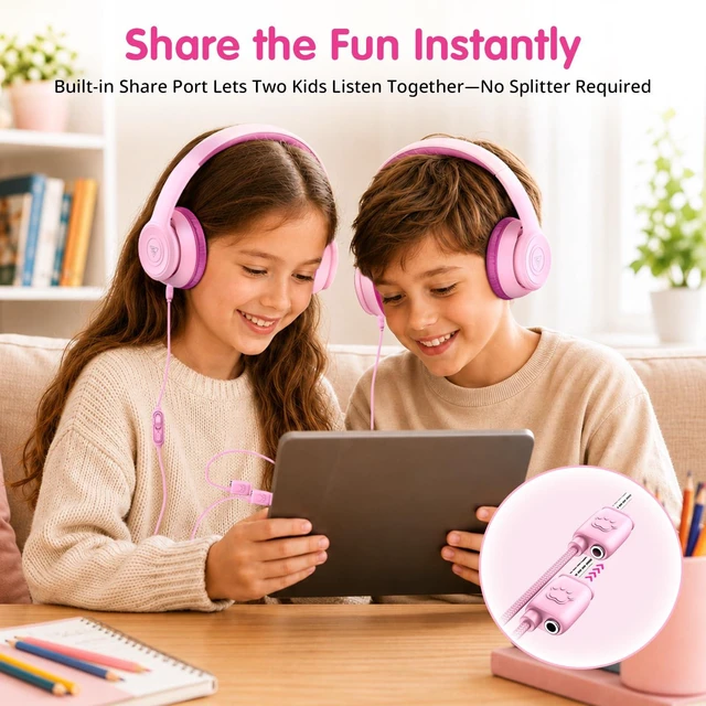 Alt view image 6 of 7 - Kids Headphones Wired for School, 74/85/94dB Volume Limited with Mic Headphones for Kids with Clear Stereo Audio, IN-Line Mic,Sharing Port, Foldable, Comfortable for Classroom Tablet Travel,Pink