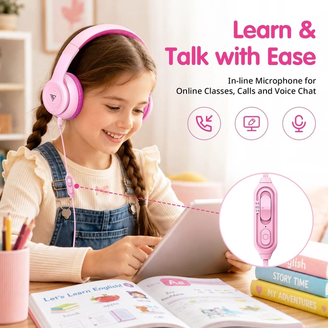 Alt view image 4 of 7 - Kids Headphones Wired for School, 74/85/94dB Volume Limited with Mic Headphones for Kids with Clear Stereo Audio, IN-Line Mic,Sharing Port, Foldable, Comfortable for Classroom Tablet Travel,Pink