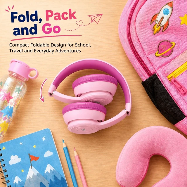 Alt view image 7 of 7 - Kids Headphones Wired for School, 74/85/94dB Volume Limited with Mic Headphones for Kids with Clear Stereo Audio, IN-Line Mic,Sharing Port, Foldable, Comfortable for Classroom Tablet Travel,Pink
