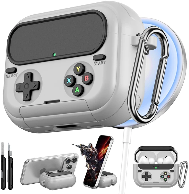 Main image of Retro Game Case for AirPods Pro 3 Game Console Design Protective Cover with Foldable Stand, Secure Lock Anti-Drop Shockproof PC+TPU Case, Keychain & Cleaning Kit for Men & Boys, Gray
