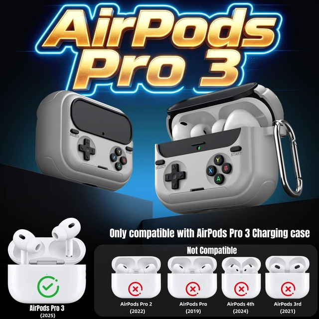 Alt view image 2 of 7 - Retro Game Case for AirPods Pro 3 Game Console Design Protective Cover with Foldable Stand, Secure Lock Anti-Drop Shockproof PC+TPU Case, Keychain & Cleaning Kit for Men & Boys, Gray